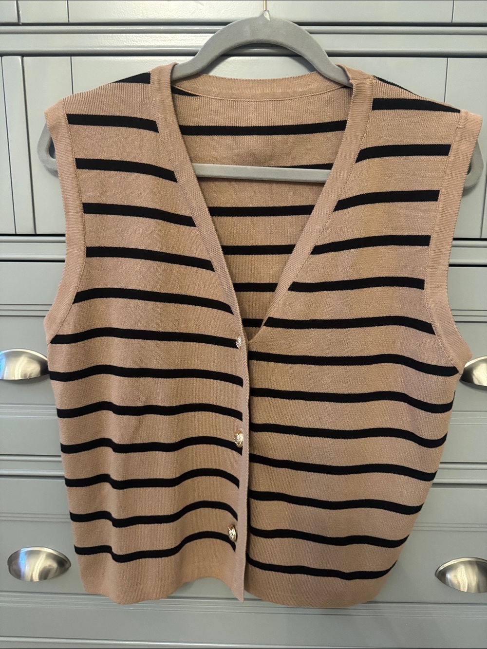 Striped Sleeveless V-Neck Knit Vest - Beige and Black